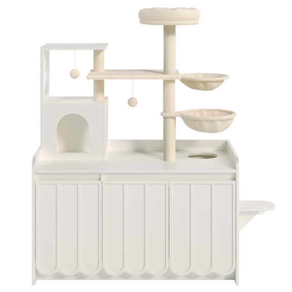 LIANGKA White All In One Modern Cat Condo With Litter Enclosure Scratching Post Hammock Perch And Storage Cabinet