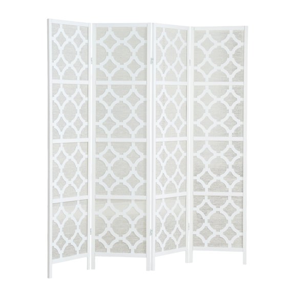 LIANGKA White Folding Room Divider With Unique Quarterfoil Diamond Design Four Panel Privacy Partition