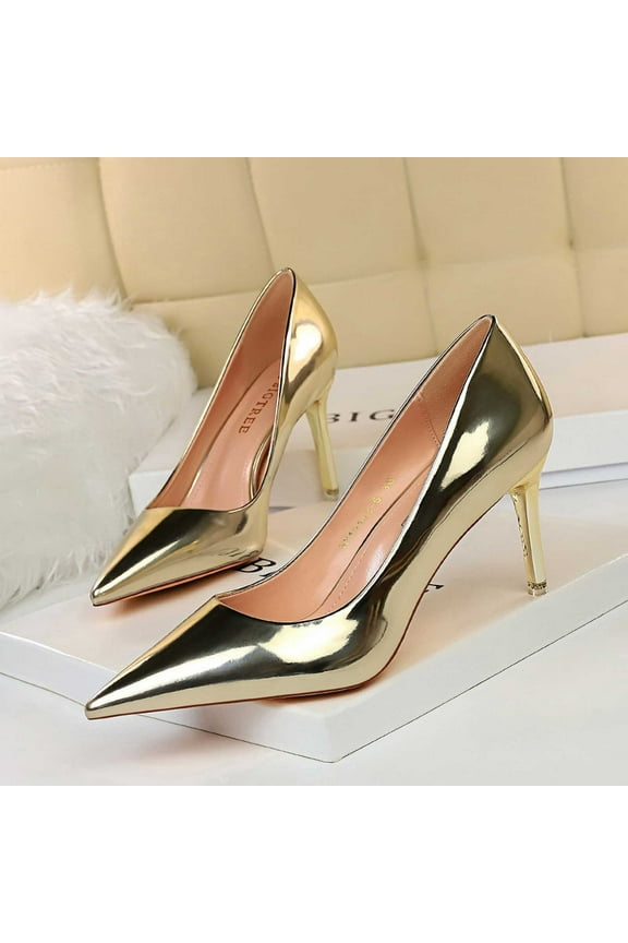 Women's High Heels Fashionable Metal Heel High Heels Metallic High Heel Shoes With Pointed Toes Ladies Shoes Gold Size 8