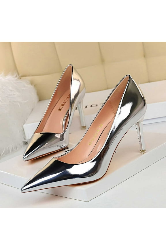 Women's High Heels Fashionable Metal Heel High Heels Metallic High Heel Shoes With Pointed Toes Ladies Shoes Silver Size 9.5