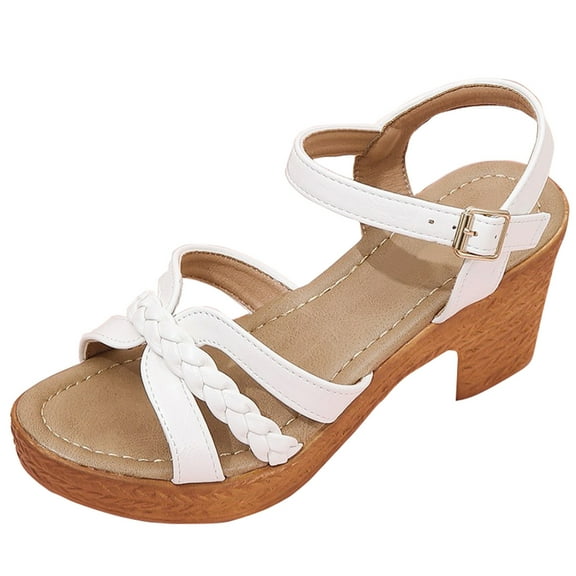 LIANGP Women's Sandals Ladies Fashion Summer Solid Leather Knitted Buckle Thick High Heel Sandals Women's Shoes White Size 6.5
