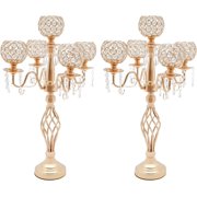 LIANHONG 2pcs 5 Arm Crystal Candelabra Centerpieces, 27in Tall Gold Crystal Bowl Candle Holder, Fit for Wedding Parties Christmas Dinner Table Decor
