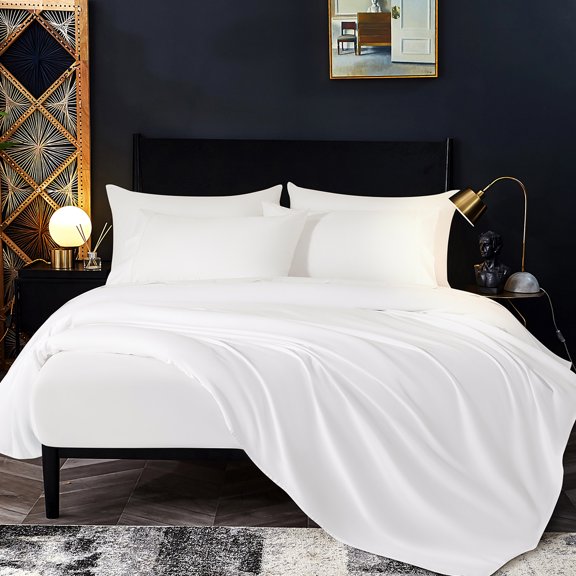 LIANLAM 1200 Thread Count Luxury Bed Sheet Set, 100% Egyptian Cotton 16" Deep Pocket Sateen Weave Sheets, 4-Piece, Queen, White