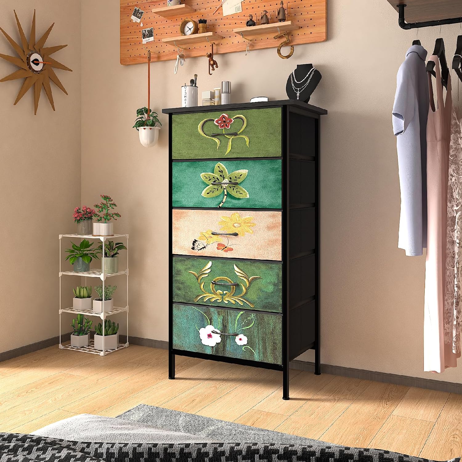LIANMEI Vintage Babric Dresser with 5 Drawers for Bedroom, Storage
