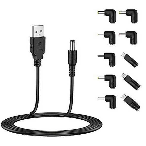 LIANSUM USB to DC 5V Power Cord, Universal DC 5.5x2.1mm Plug Jack Charging Cable with 10 Connector Tips(5.5x2.5, 4.8x1.7, 4.0x1.7, 4.0x1.35, 3.5x1.35, 3.0x1.1, 2.5x0.7, Micro USB, Type-C, Mi