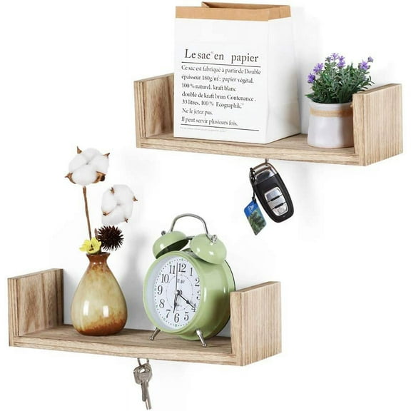 LIANTRAL NEX 2 Pack U Shape Wood Floating Shelf with Magnetic Key Holder