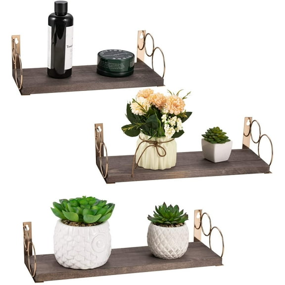 LIANTRAL Set of 3 Floating Shelves Wall Mounted, Rustic Wood Shelves with Gold Circle Metal Brackets, Storage Rack