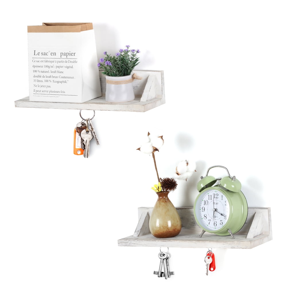 LIANTRAL U Shape Floating Shelves Rustic Wood Magnetic Wall Shelf, Distressed White (pack of 2)