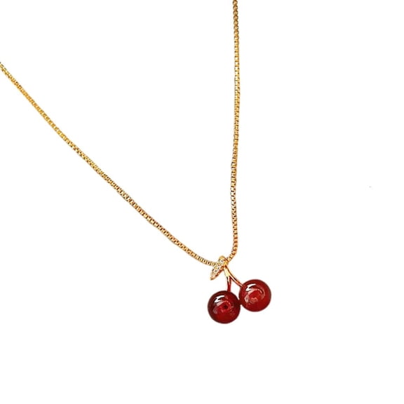 LIANXUE Trendy Wine Red Cherry Drop Golden Necklace Party Clavicle Chain Accessory Gift