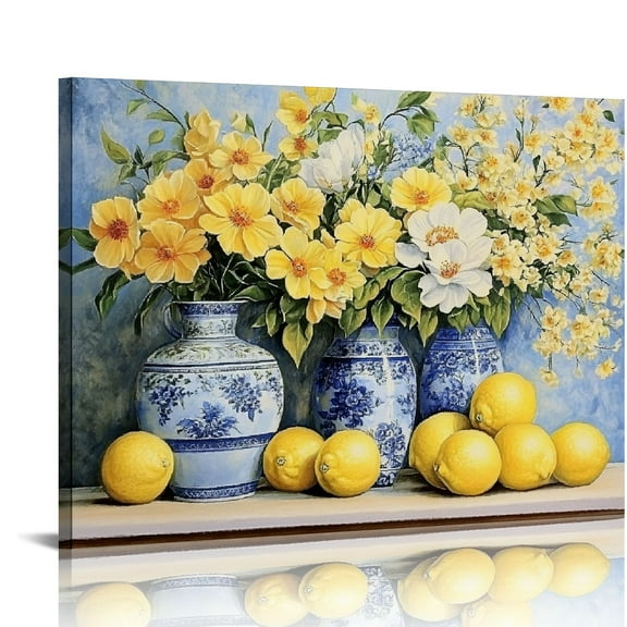 LIAOKANG Farmhouse Kitchen Decor Rustic Flower Kitchen Wall Art, Yellow Floral and Lemon Painting Picture Canvas Print Country Farmhouse Wall Decor, Artwork Room Wall Art 20x16in