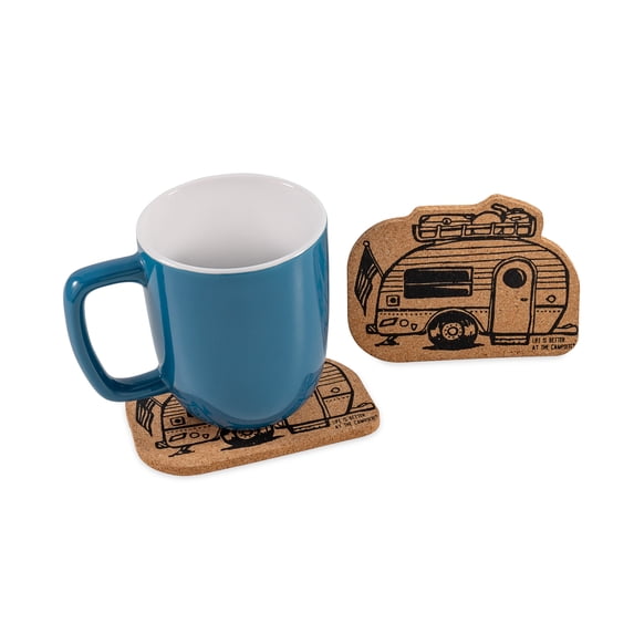 Camco Life is Better at the Campsite RV Shaped Cork Coasters, 2 pack, Brown (53384)