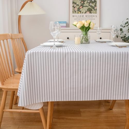 LIBERECOO 60" Square Vinyl Tablecloth with Flannel Backing, Grey Stripe Stain-Resistant Tablecloths Waterproof Oil-Proof Wipeable Table Cover for Indoor/Outdoor Picnic, BBQ