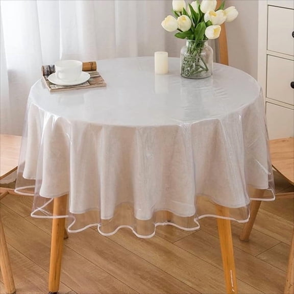 OFEFE Heavy Duty Clear Plastic Tablecloth Protector 100% Waterproof, Oil & Stain Resistant PVC Table Cover for Dining Tables, Parties & Holidays (54" Round)