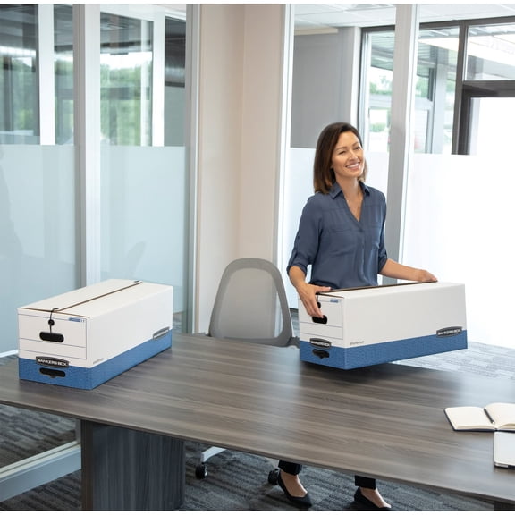 LIBERTY Legal Storage Box 15x24x10 Heavy-Duty, Reinforced Handle & Secure Closure, Stackable for Office Warehouse, White Blue, Case of 12