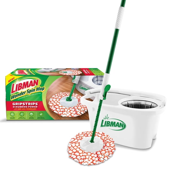 Libman Wonder Spin Mop System with Adjustable Handle and Microfiber Gripstrips for Easy Floor Cleaning