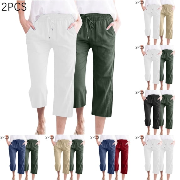 LIBRCLO 2PC Capri Pants for Women Drawstring Elastic Waist Loose Pants with Pockets Fashion Casual Solid Color Straight Cotton Linen Trousers