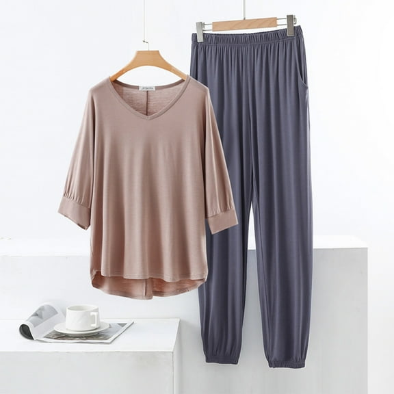 LIBRCLO 2PC Womens Modal Pajama Sets Short Sleeve V-Neck Pocket Top & Elastic Waist Pants, Soft Breathable Loungewear Outfit