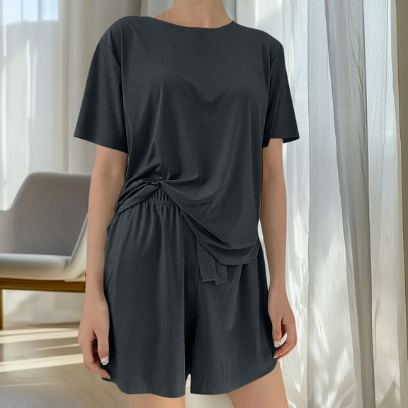 LIBRCLO 2PC Womens Pajamas Sets Round Neck Short Sleeve Top with Drawstring Shorts, Soft Comfort Loungewear Set