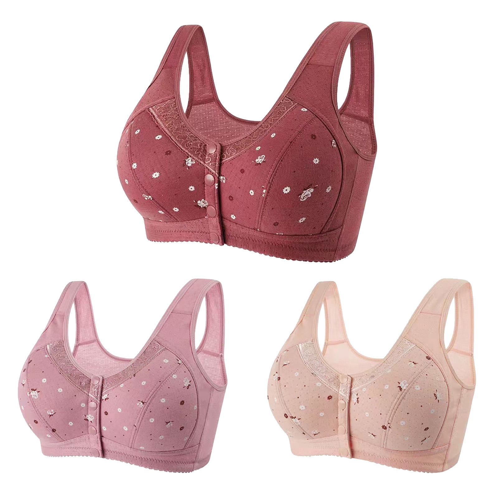 LIBRCLO 3PC Daisy Bras for Seniors Front Closure Bras for Older Women  Wireless Push up Bra Front Snap Full Coverage Bras 