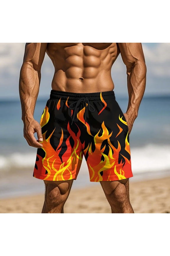 Board Shorts for Men Athletic Elastic Waist Flame Printing Beach Shorts Casual Quick Dry Hiking Pants with Pockets and Drawstring