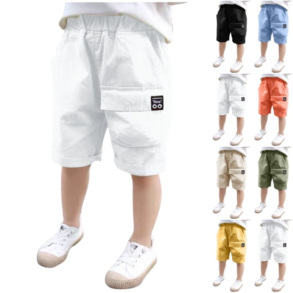 LIBRCLO Boys Cargo Shorts Size 150 Elastic Waist Fashion Breathable Quick Dry Shorts with Multiple Pockets White