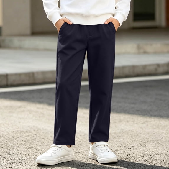 LIBRCLO Boys Fleece‑Lined Pants, Warm Solid Cotton Casual Uniform Straight Leg Trousers with Pockets Size 3-14