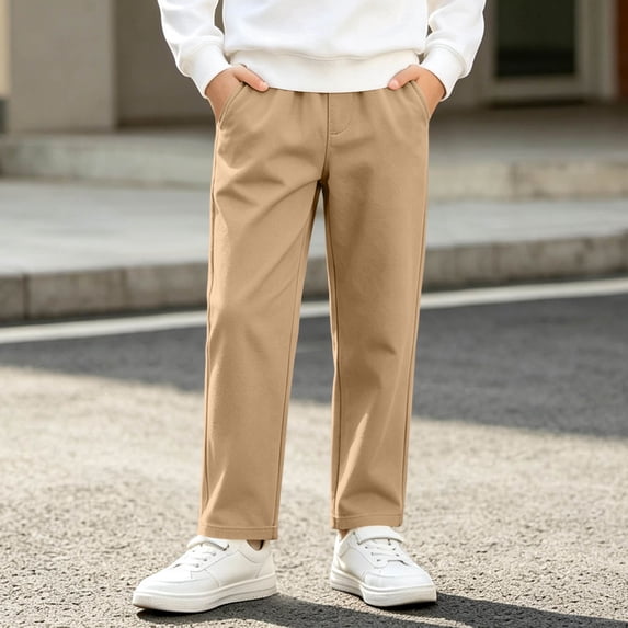 LIBRCLO Boys Fleece‑Lined Pants, Warm Solid Cotton Casual Uniform Straight Leg Trousers with Pockets Size 3-14
