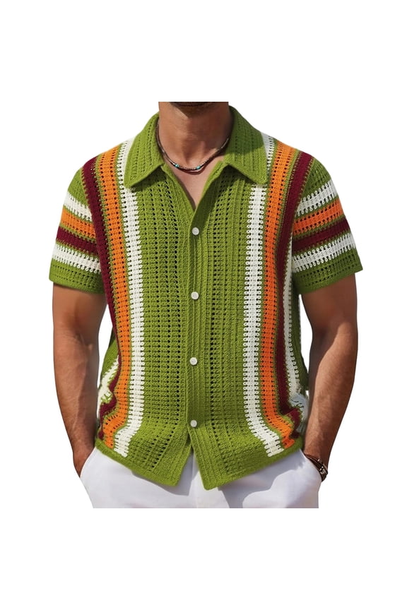 Button Down Shirts for Men Short Sleeve Openwork Knit Sweater Casual Patchwork Color Shirts Summer Beach Tops