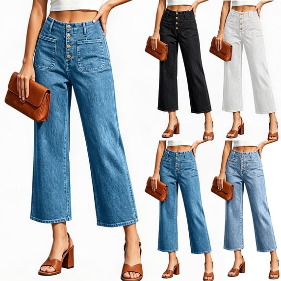 Generic Capri Jeans for Women High Waist Straigh Denim Pants with Pockets Casual Business Work Jeans