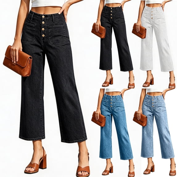 Generic Capri Jeans for Women High Waist Straigh Denim Pants with Pockets Casual Business Work Jeans