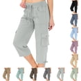 thumbnail image 1 of LIBRCLO Womens Capri Pants Drawstring Elastic Waist Baggy Cargo Pants with Pockets Casual Lightweight Hiking Loose Outdoor Hiking Sports Trousers, 1 of 8