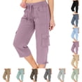 thumbnail image 1 of LIBRCLO Womens Capri Pants Drawstring Elastic Waist Baggy Cargo Pants with Pockets Casual Lightweight Hiking Loose Outdoor Hiking Sports Trousers, 1 of 8