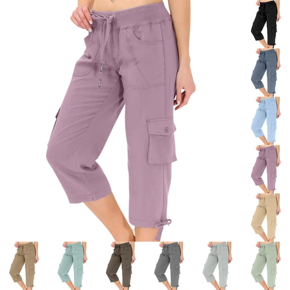 LIBRCLO Womens Capri Pants Drawstring Elastic Waist Baggy Cargo Pants with Pockets Casual Lightweight Hiking Loose Outdoor Hiking Sports Trousers