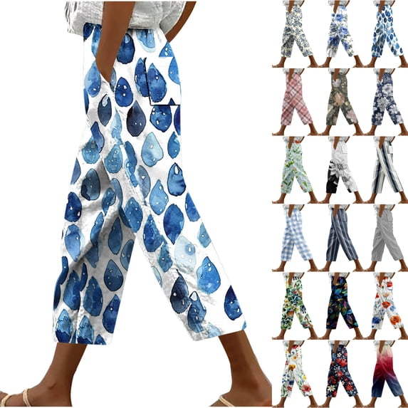 LIBRCLO Capri Pants for Women Drawstring Elastic Waist Print Pants with Pockets Casual Summer Fashion Trousers