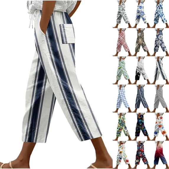 LIBRCLO Capri Pants for Women Drawstring Elastic Waist Print Pants with Pockets Casual Summer Fashion Trousers