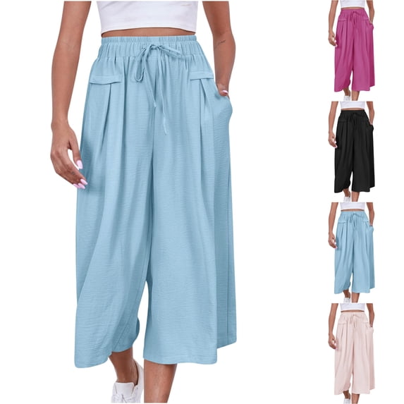 LIBRCLO Womens Capri Pants High Waisted Wide Leg Pant with Pockets Summer Loose Drawstring Casual Lounge Trousers