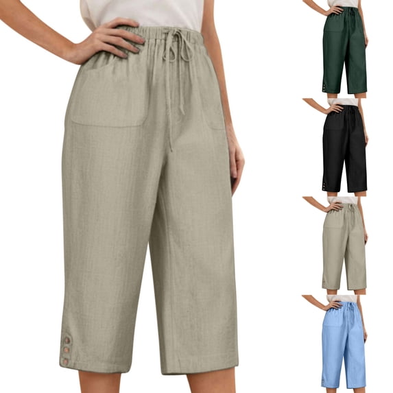 LIBRCLO Capri Pants for Women Loose Fitting Haren Pants with Pockets High Waisted Linen Wide Leg Casual Trousers