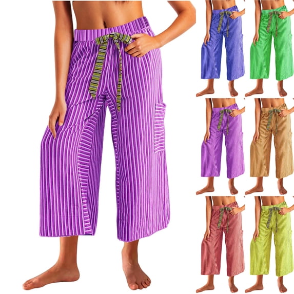 LIBRCLO Capri Pants for Women Summer Drawstring High Waisted Wide Leg Pants with Pockets Stripe Loose Trousers