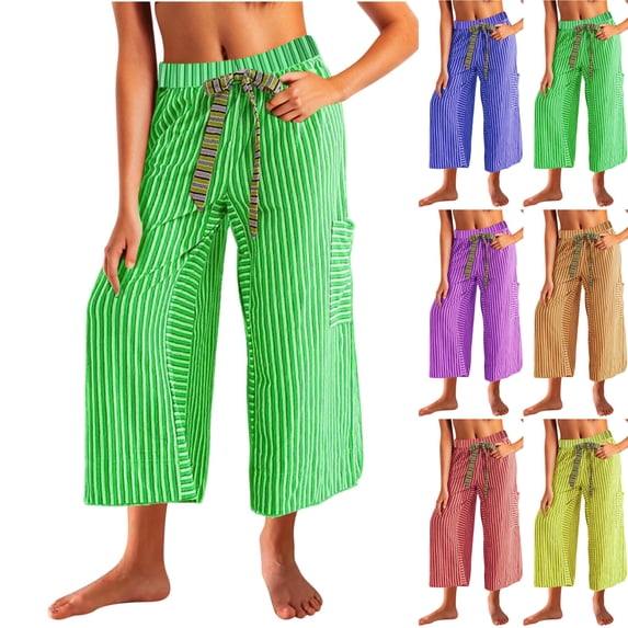 LIBRCLO Capri Pants for Women Summer Drawstring High Waisted Wide Leg Pants with Pockets Stripe Loose Trousers