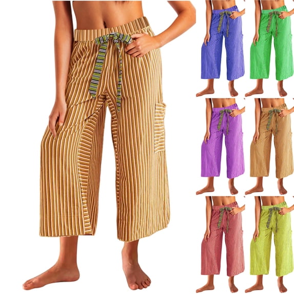 LIBRCLO Capri Pants for Women Summer Drawstring High Waisted Wide Leg Pants with Pockets Stripe Loose Trousers