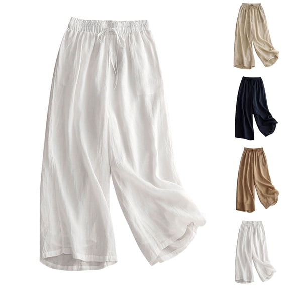LIBRCLO Capri Pants for Women Wide Leg Drawstring Elastic Waist Pants with Pockets Solid Color Casual Summer Straight Trousers