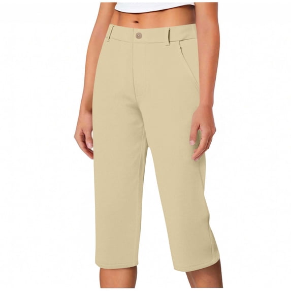 LIBRCLO Capris for Women Slim Fit Yoga Leggings Elastic Waist Work Casual Pants with Pockets Khaki M