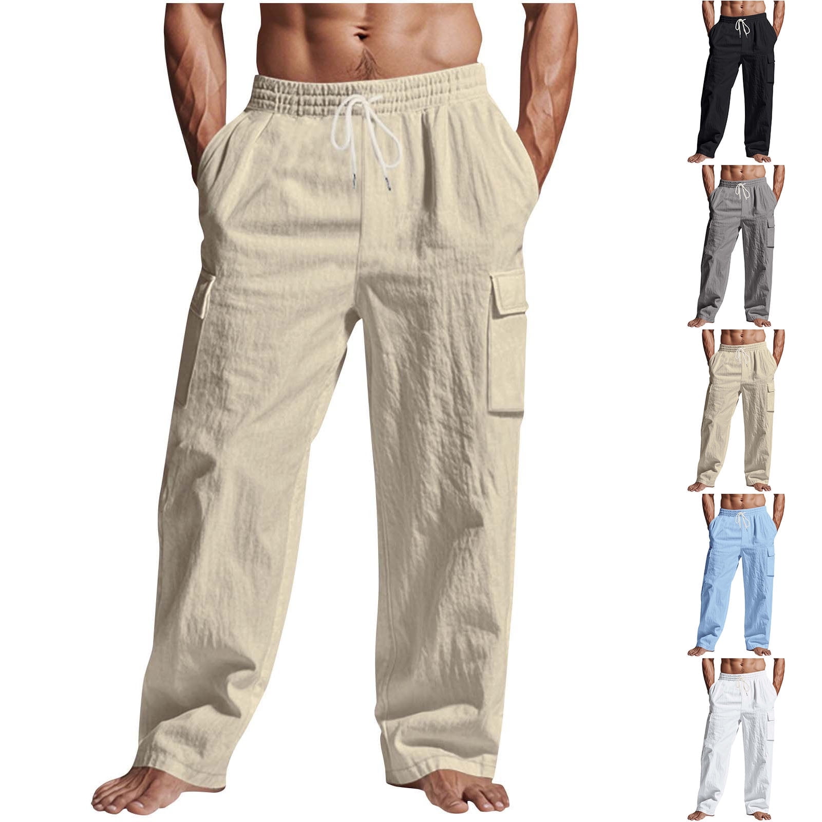 LIBRCLO Cargo Pants for Men Slim Fit Linen Pants Elastic Waist with ...