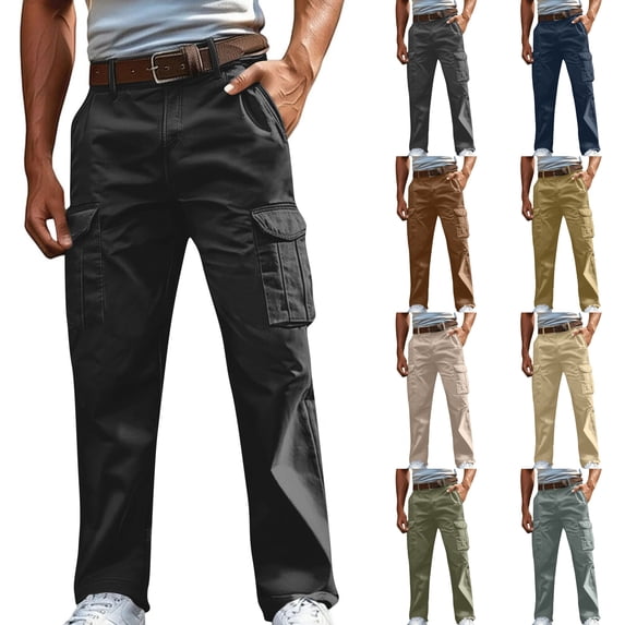 LIBRCLO Cargo Pants for Men Slim Fit Cotton Linen Outdoor Hiking Pants with Pockets Casual Straigh Leg Trousers Size 4XL