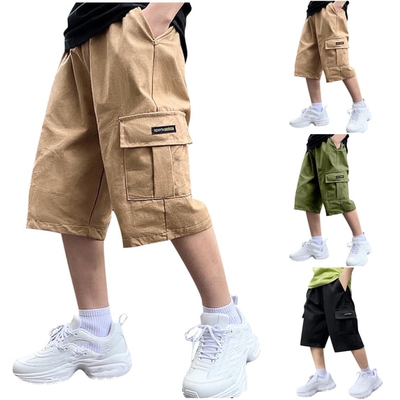 LIBRCLO Cargo Shorts for Boys Size 12 Years Elastic Waist Thin Quick Dry Stretch Shorts with Multiple Pockets Khaki