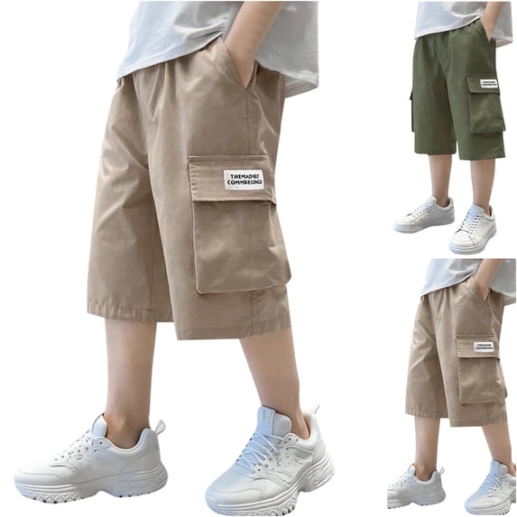 LIBRCLO Cargo Shorts for Boys Size 13 Years Elastic Waist Casual Thin Quick Dry Shorts with Multiple Pockets Khaki