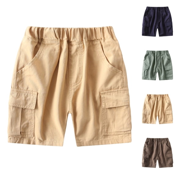 LIBRCLO Cargo Shorts for Boys Size 4-5 Years Elastic Waist Thin Quick Dry Solid Color Shorts with Multiple Pockets Khaki