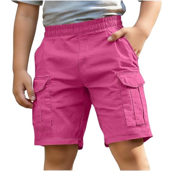 LIBRCLO Cargo Shorts for Boys Size 7-8 Years Elastic Waist Thin Quick Dry Solid Color Shorts with Multiple Pockets Hot Pink