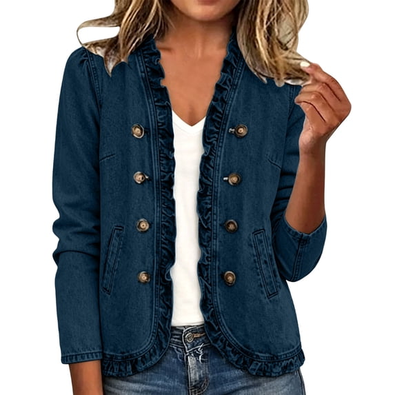 LIBRCLO Denim Jacket for Women Ruffle Trim Long Sleeve Button Down Jean Jackets Casual Fall Outerwear
