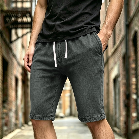 LIBRCLO Denim Shorts for Men Elastic Waist Drawstring Jean Shorts with Pockets Casual Summer Clothes